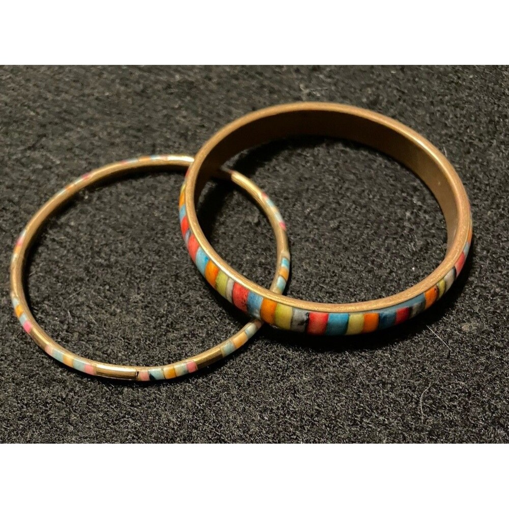 Vintage Brass Bangle Bracelet Striped Inlay Dyed Boho India Style